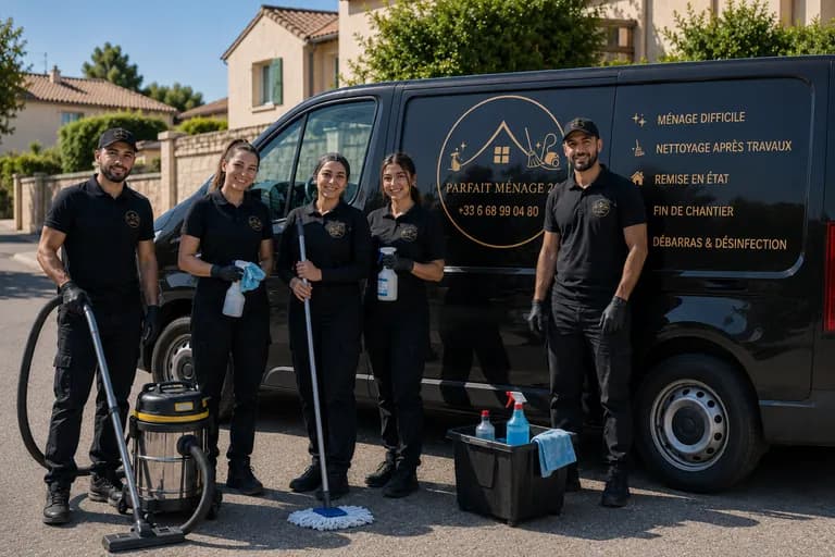 L'équipe de Parfait Ménage 26 devant son véhicule, à Pierrelatte